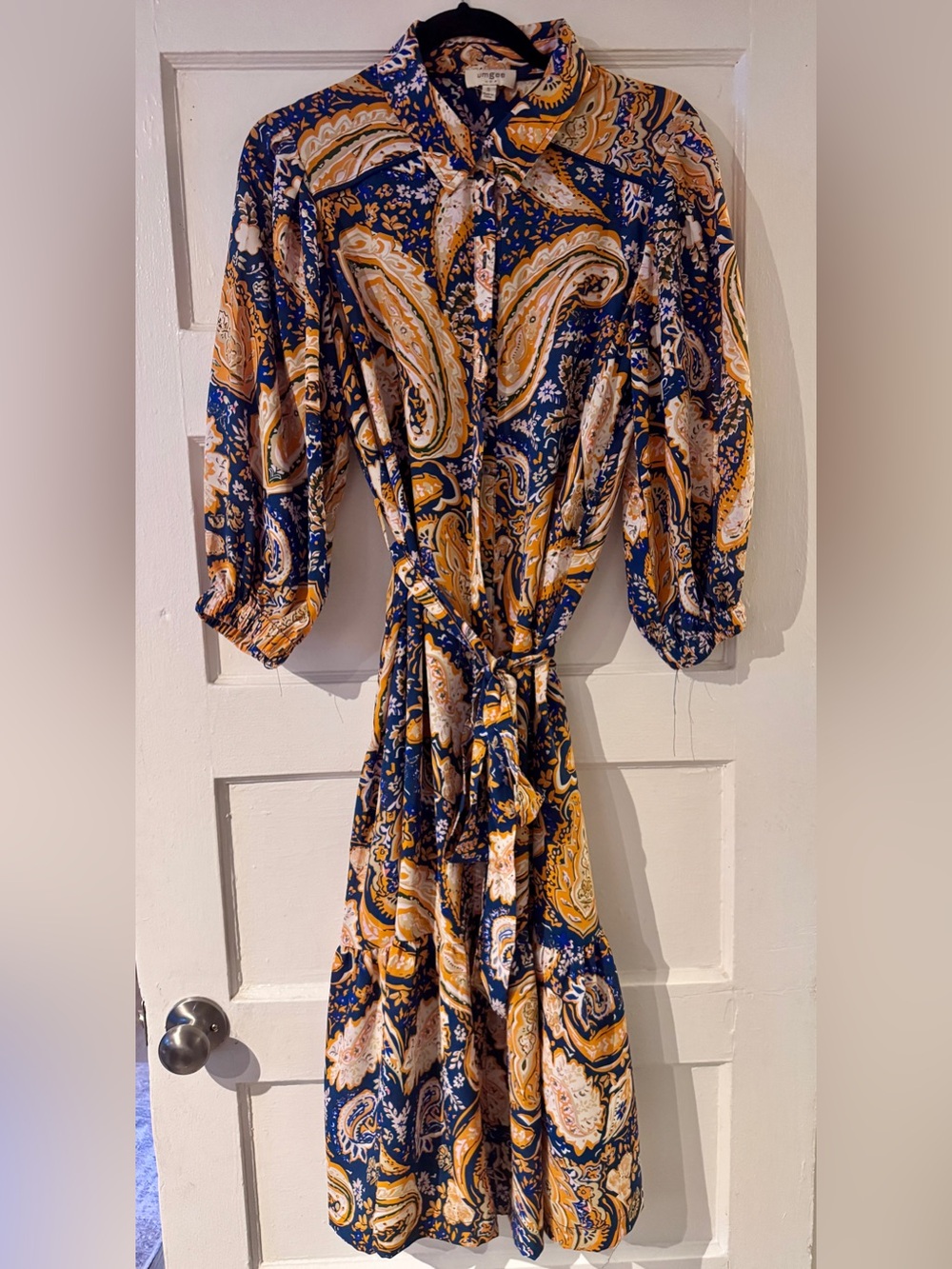 Women's blue and orange Paisley Long Sleeve tie waist Dress